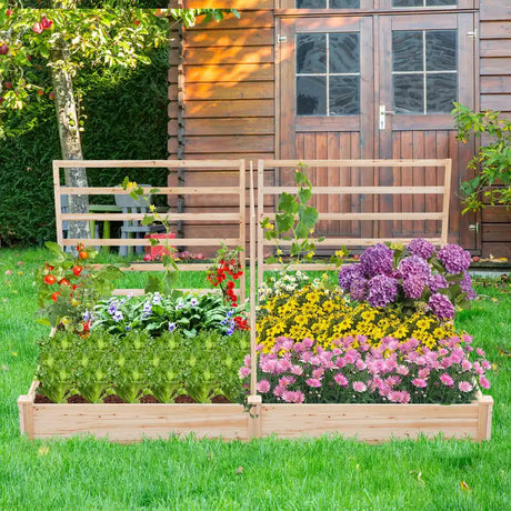 Raised Garden Bed with 2 Planter Boxes and 3 Trellis-Natural