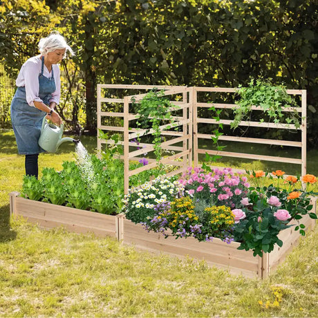 Raised Garden Bed with 2 Planter Boxes and 3 Trellis-Natural