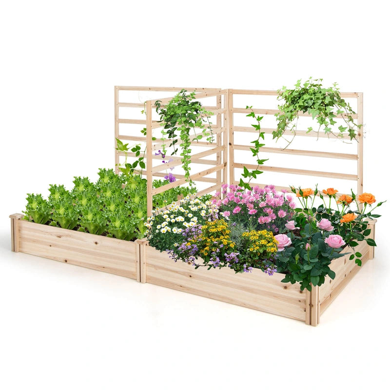 Raised Garden Bed with 2 Planter Boxes and 3 Trellis-Natural