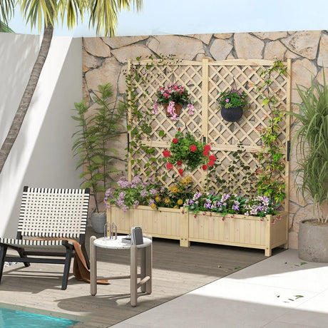 Trellis with flower box made of fir wood Planter for climbing plants Raised bed with trellis natural
