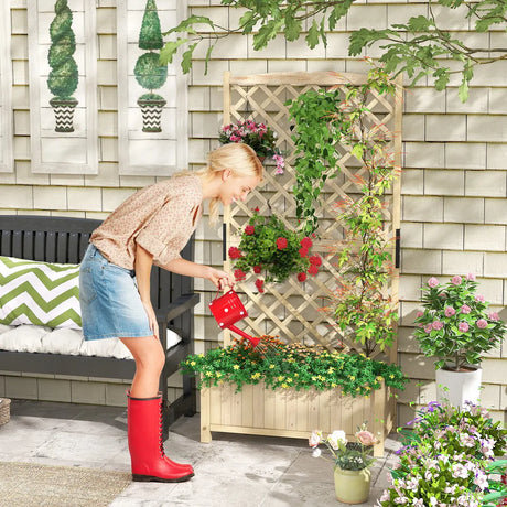 Trellis with flower box made of fir wood Planter for climbing plants Raised bed with trellis natural