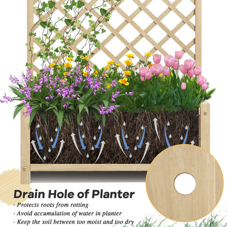 Trellis with flower box made of fir wood Planter for climbing plants Raised bed with trellis natural