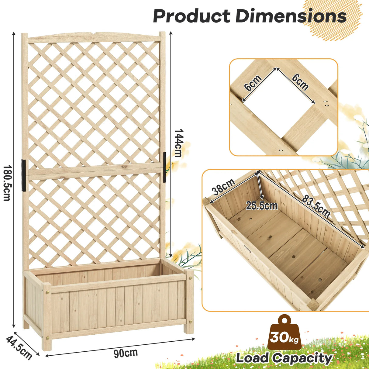 Trellis with flower box made of fir wood Planter for climbing plants Raised bed with trellis natural