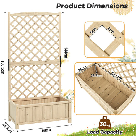 Trellis with flower box made of fir wood Planter for climbing plants Raised bed with trellis natural