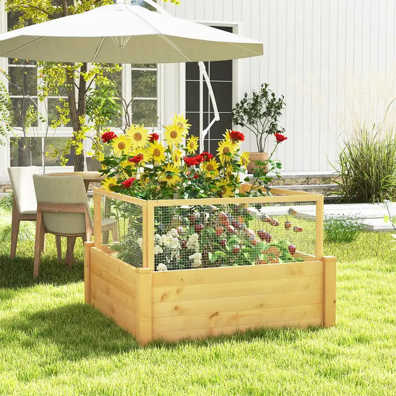 Raised bed with fence Wooden plant box with 4-sided protective fence &amp; plant grid 107 x 107 x 70 cm