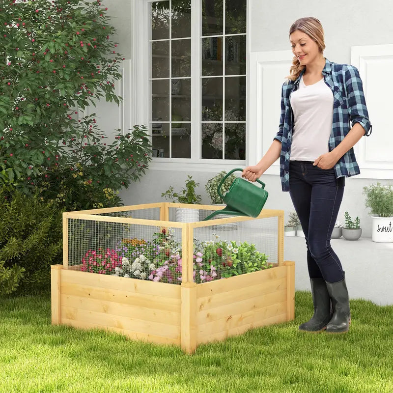 Raised bed with fence Wooden plant box with 4-sided protective fence &amp; plant grid 107 x 107 x 70 cm