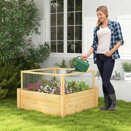 Raised bed with fence Wooden plant box with 4-sided protective fence &amp; plant grid 107 x 107 x 70 cm