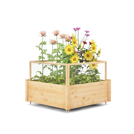 Raised bed with fence Wooden plant box with 4-sided protective fence &amp; plant grid 107 x 107 x 70 cm