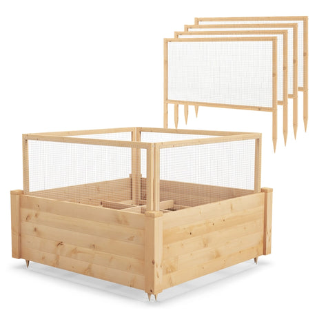Raised bed with fence Wooden plant box with 4-sided protective fence &amp; plant grid 107 x 107 x 70 cm