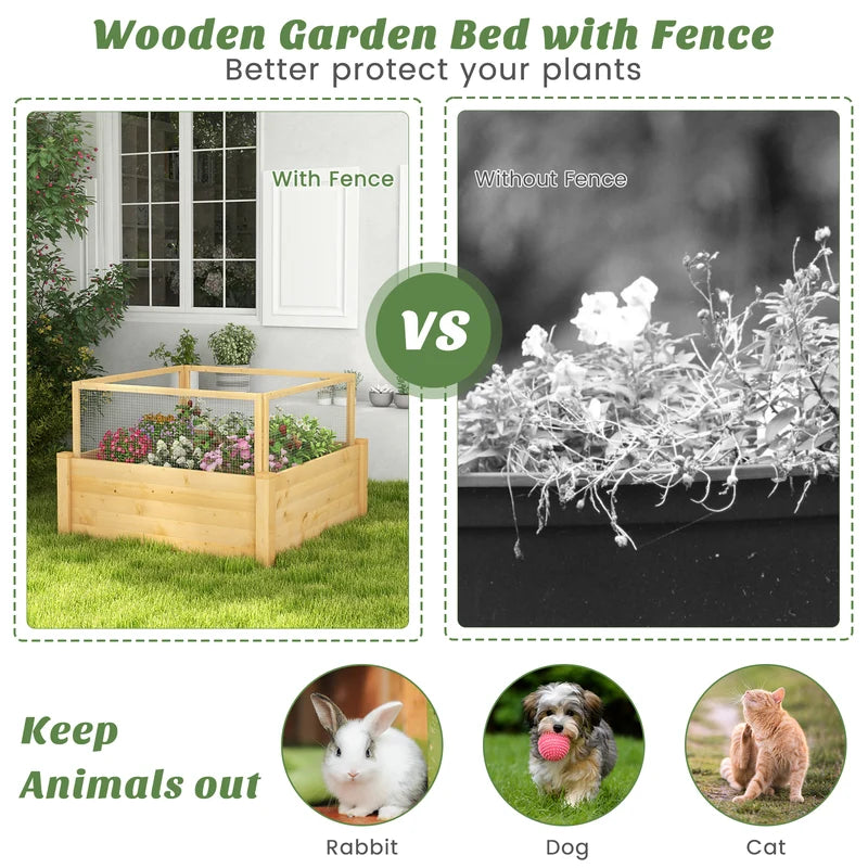 Raised bed with fence Wooden plant box with 4-sided protective fence &amp; plant grid 107 x 107 x 70 cm