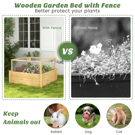 Raised bed with fence Wooden plant box with 4-sided protective fence &amp; plant grid 107 x 107 x 70 cm