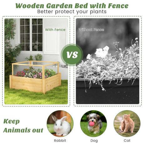 Raised bed with fence Wooden plant box with 4-sided protective fence &amp; plant grid 107 x 107 x 70 cm
