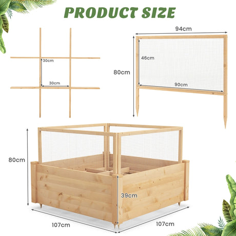 Raised bed with fence Wooden plant box with 4-sided protective fence &amp; plant grid 107 x 107 x 70 cm