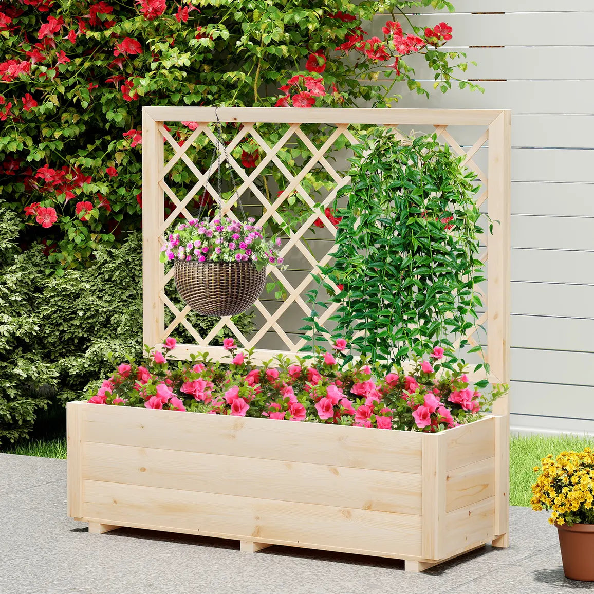 Raised Garden Bed with Lattice Trellis Wooden Elevated Planter Box-L