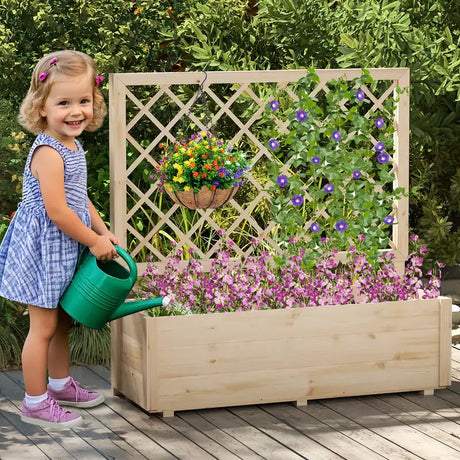 Raised Garden Bed with Lattice Trellis Wooden Elevated Planter Box-L