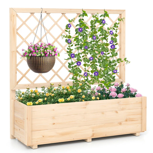 Raised Garden Bed with Lattice Trellis Wooden Elevated Planter Box-L