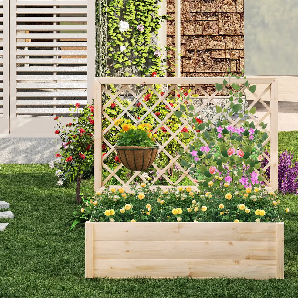 Raised Garden Bed with Lattice Trellis Wooden Elevated Planter Box-L