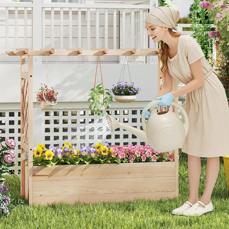 Raised Garden Bed with Lattice Trellises Hanging Roof Drainage-L