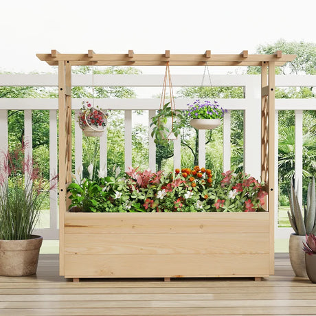 Raised Garden Bed with Lattice Trellises Hanging Roof Drainage-L