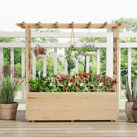 Raised Garden Bed with Lattice Trellises Hanging Roof Drainage-L