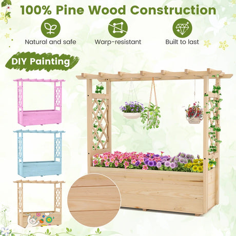 Raised Garden Bed with Lattice Trellises Hanging Roof Drainage-L