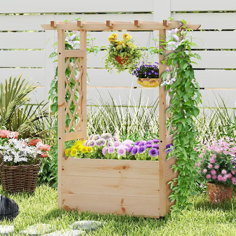Raised Garden Bed with Lattice Trellises Hanging Roof Drainage-S