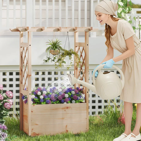 Raised Garden Bed with Lattice Trellises Hanging Roof Drainage-S