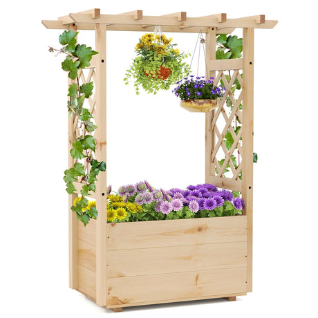 Raised Garden Bed with Lattice Trellises Hanging Roof Drainage-S