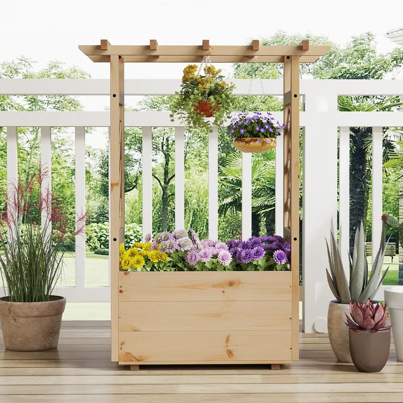 Raised Garden Bed with Lattice Trellises Hanging Roof Drainage-S
