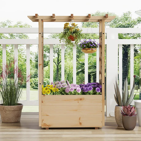 Raised Garden Bed with Lattice Trellises Hanging Roof Drainage-S