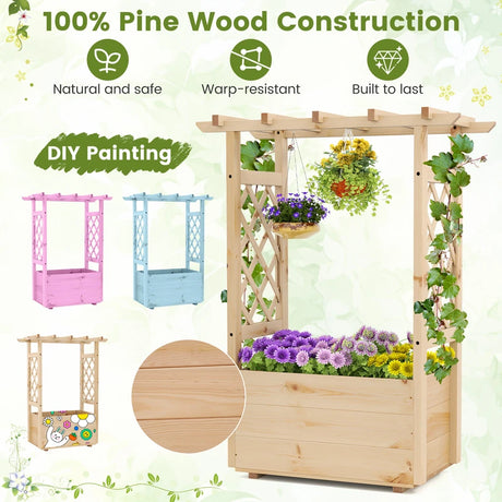 Raised Garden Bed with Lattice Trellises Hanging Roof Drainage-S