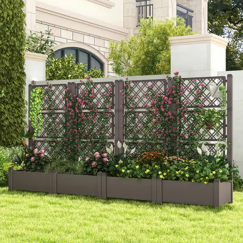 Outdoor Planter Box Self-Watering Raised Garden Bed Trellis with Water Level Indicator-Coffee