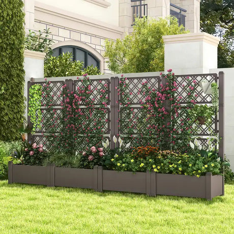 Outdoor Planter Box Self-Watering Raised Garden Bed Trellis with Water Level Indicator-Coffee