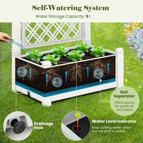 Outdoor Planter Box Self-Watering Raised Garden Bed Trellis with Water Level Indicator-White