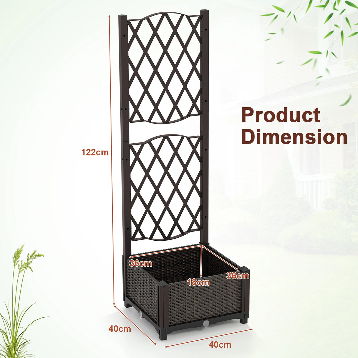 Flower box with trellis Planter for climbing plants Raised bed with trellis 40 x 40 x 122 cm Brown