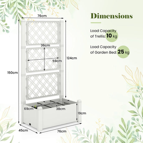 Outdoor Planter Box Self-Watering Raised Garden Bed Trellis with Water Level Indicator-White