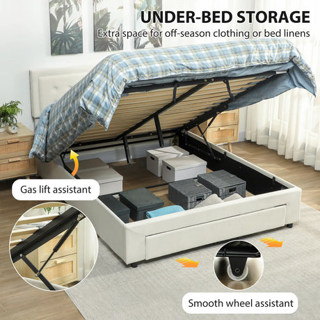 HOMCOM King Size Ottoman Bed Frame, with Front Drawer - Cream