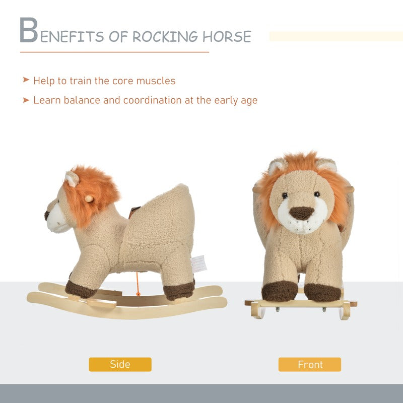 HOMCOM Kids Children Rocking Horse Plush Ride On Lion Seat w/ Sound Wood Base Seat Safety Belt Toddler Baby Toy for 18-36 Months Brown