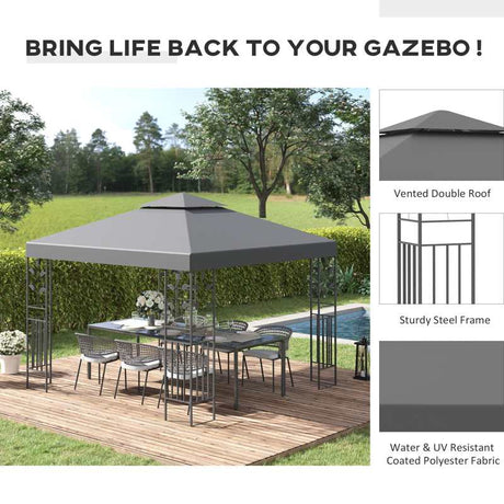 Outsunny 3 x 3m Outdoor Steel Gazebo with 2 Tier Roof, Garden Gazebo Patio Canopy Marquee Shelter with Decorative Steel Frame - Grey