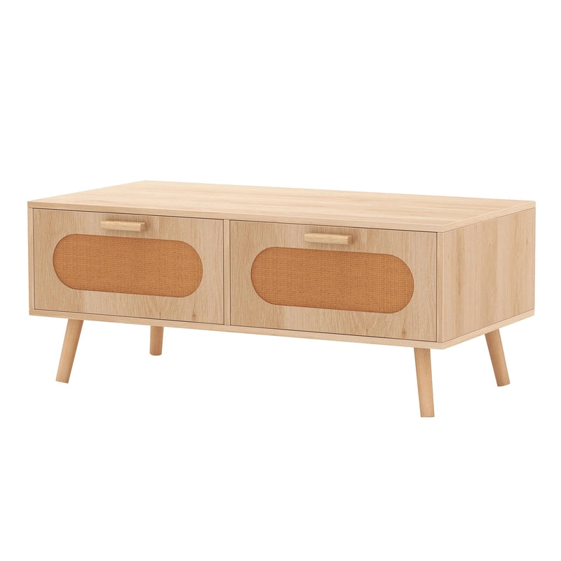 Rattan Coffee Table Mid Century Modern Center Table with 2 Storage Drawers-Natural