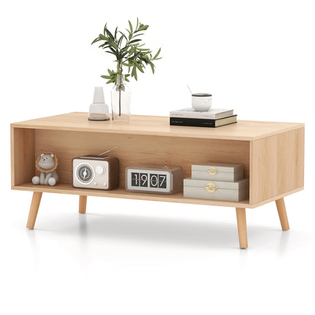 Rattan Coffee Table Mid Century Modern Center Table with 2 Storage Drawers-Natural