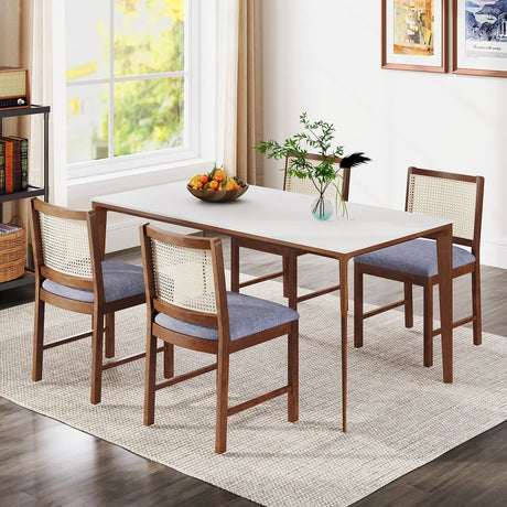 Rattan Dining Chair Set of 2 with Rubber Wood Frame and Linen Fabric Padded Seat-Walnut