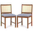 Rattan Dining Chair Set of 2 with Rubber Wood Frame and Linen Fabric Padded Seat-Walnut