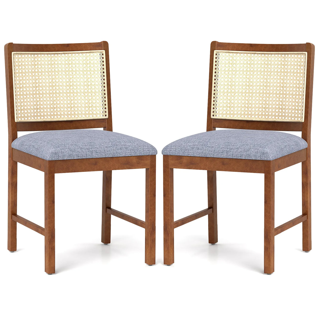 Rattan Dining Chair Set of 2 with Rubber Wood Frame and Linen Fabric Padded Seat-Walnut