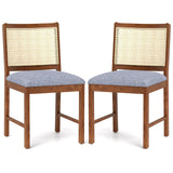 Rattan Dining Chair Set of 2 with Rubber Wood Frame and Linen Fabric Padded Seat-Walnut