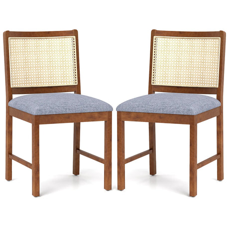 Rattan Dining Chair Set of 2 with Rubber Wood Frame and Linen Fabric Padded Seat-Walnut