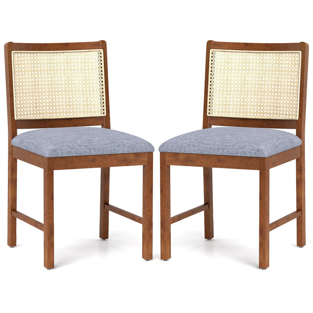 Rattan Dining Chair Set of 2 with Rubber Wood Frame and Linen Fabric Padded Seat-Walnut