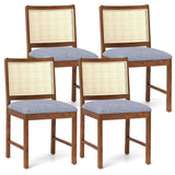 Rattan Dining Chair Set of 2 with Rubber Wood Frame and Linen Fabric Padded Seat-Walnut