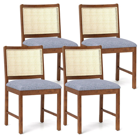 Rattan Dining Chair Set of 2 with Rubber Wood Frame and Linen Fabric Padded Seat-Walnut