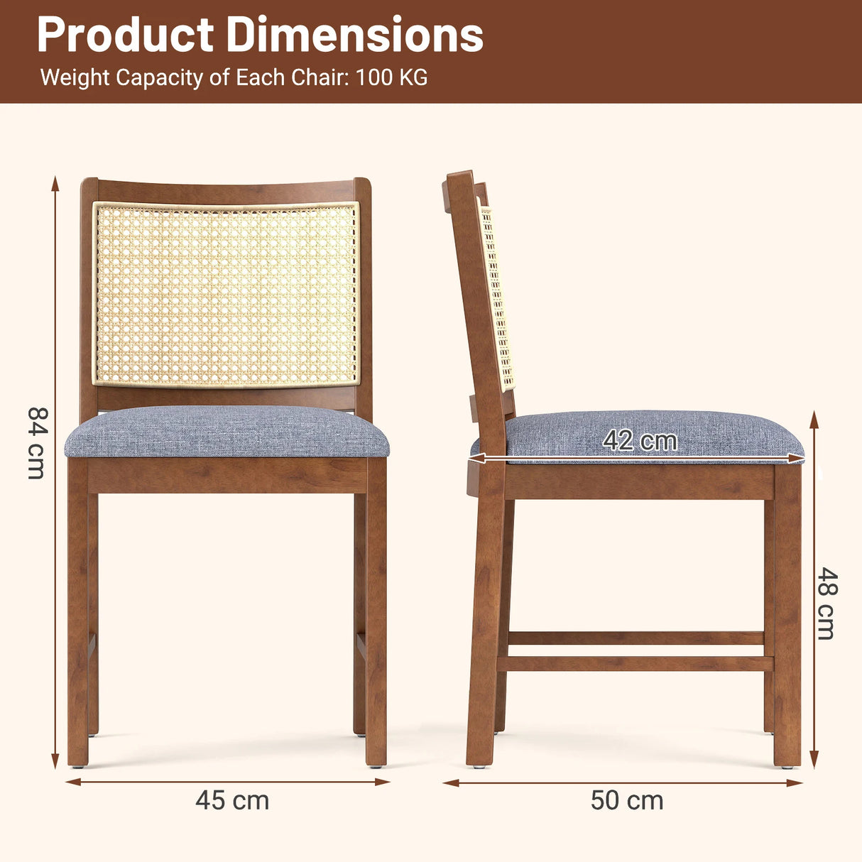 Rattan Dining Chair Set of 2 with Rubber Wood Frame and Linen Fabric Padded Seat-Walnut